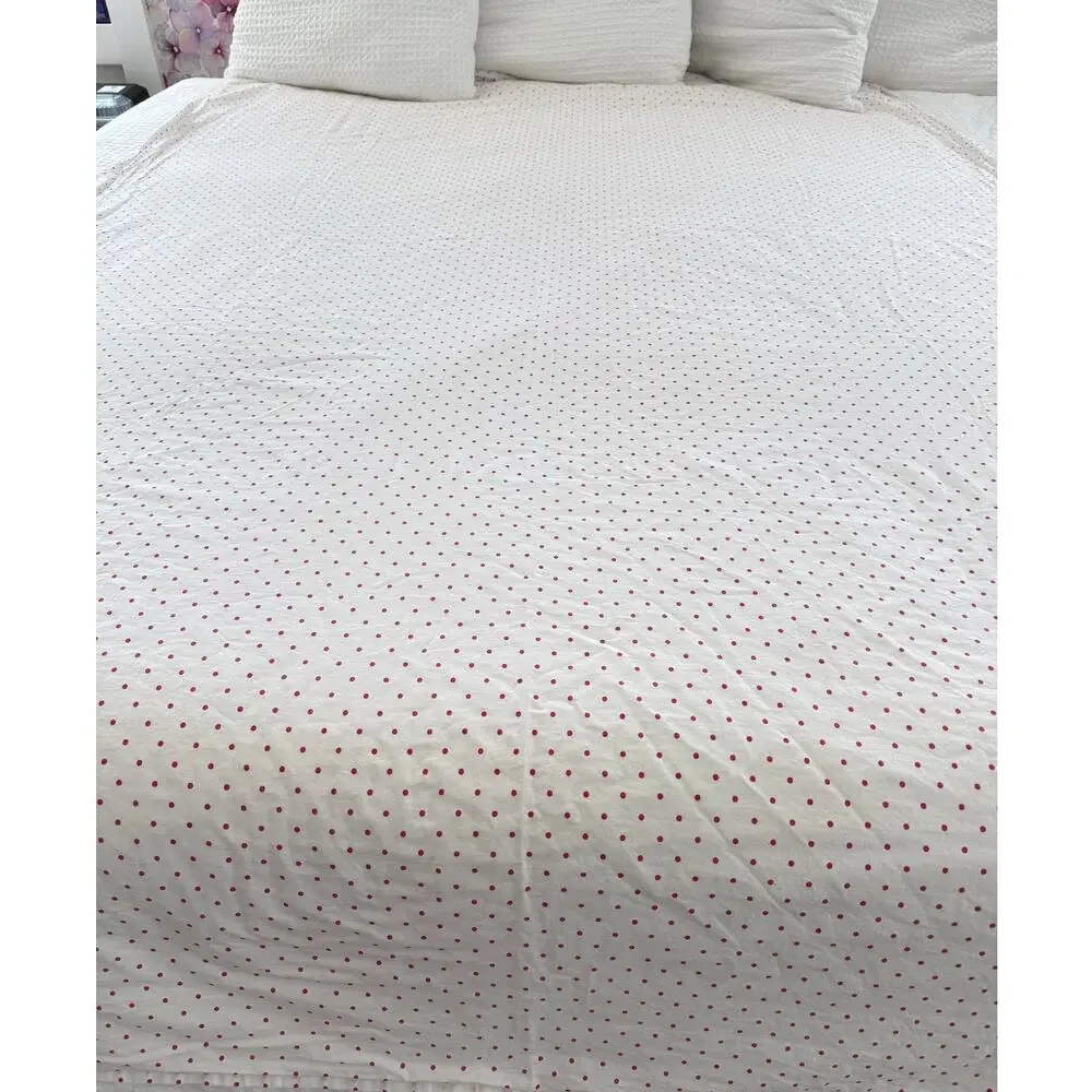 Royale Twin Flat Sheet Red Polka Dot 100% Cotton White Bedding Cottagecore Sheet